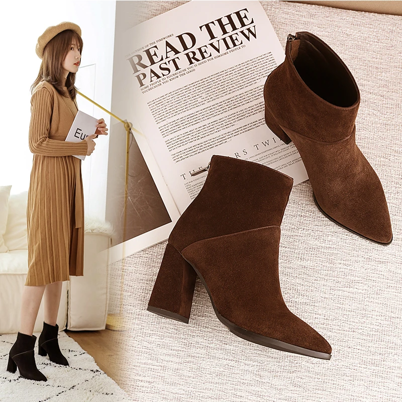 

women Ankle boots Genuine Leather plus size 22-26.5 cm feet length ankle boots pointed toe side zipper winter shoes women