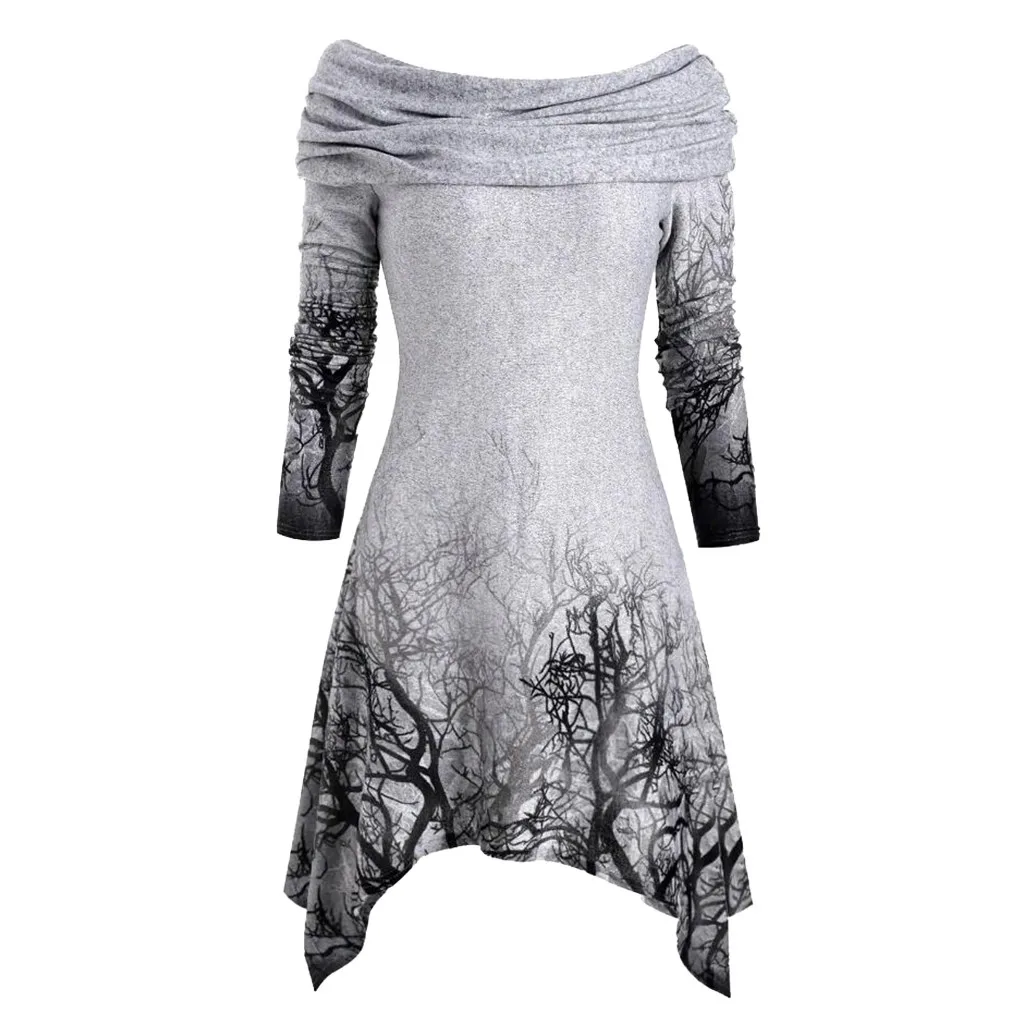 Women's Irregular Hoodies Sweatshirt Halloween Tree Print Convertible Collar Asymmetrical Knitwear Cloak Pullovers Tops Gothic