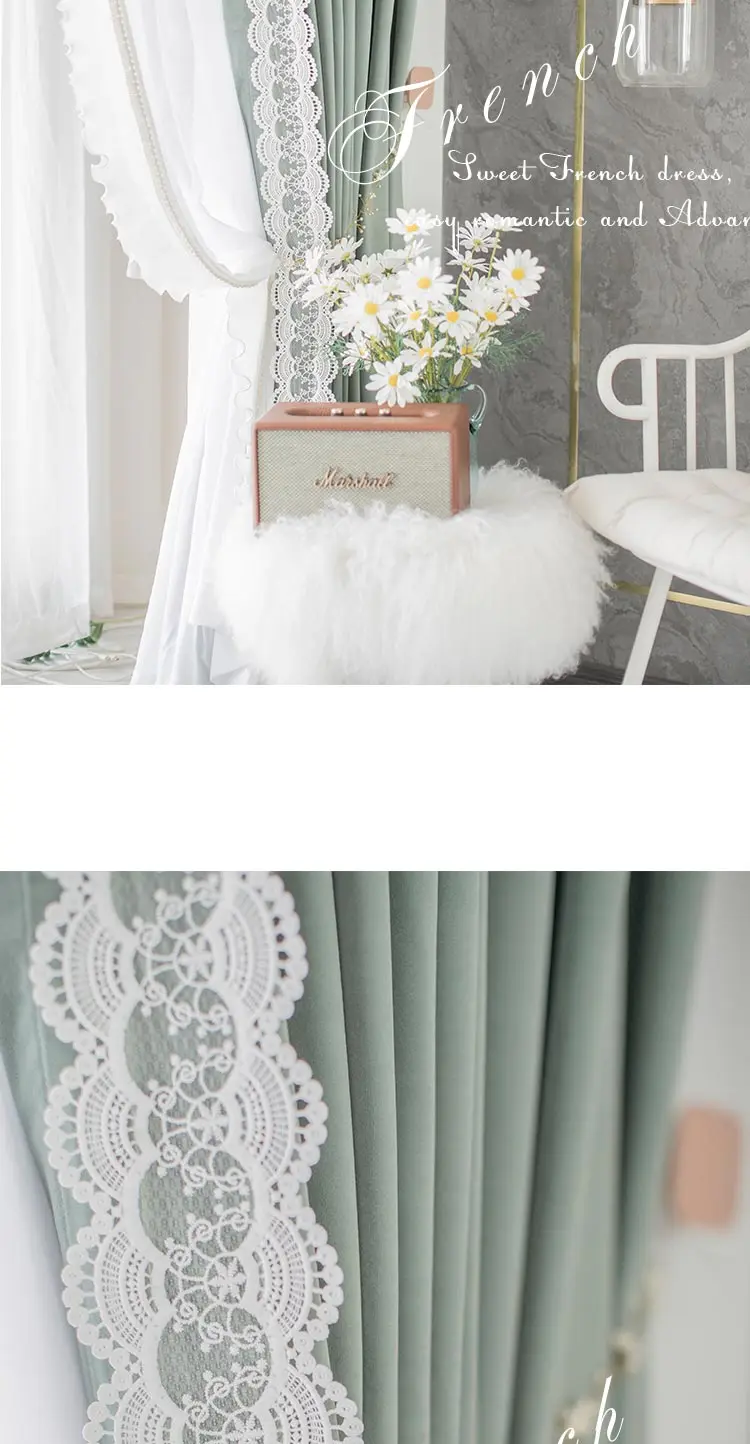 2022 New Avocado Green French Lace Princess Style Curtains Bedroom Living Room Bay Window Shading Curtains Modern and Simple