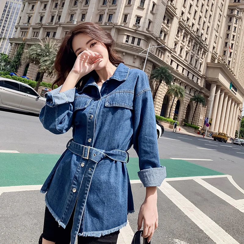 2019 women clothing long sleeve belt solid washed denim trench coat Female fashion casual loose jea