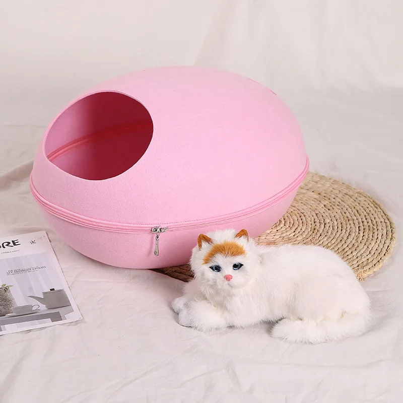 Egg Shape Dog Cat Bed Cat Sleeping Bag Zipper Felt Cloth Winter Warm Pet House All Around Cat Nest With Detachable Cushion Mat - Цвет: pink 1