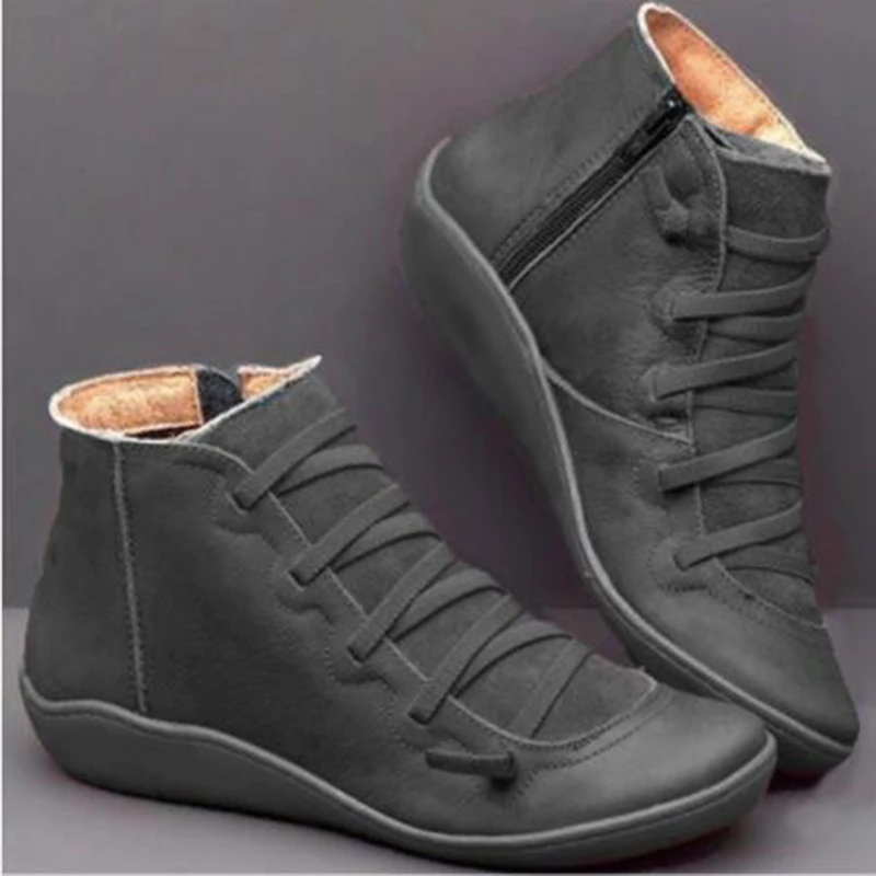 Женские ботильоны из искусственной кожи; женские Винтажные ботинки в стиле панк с перекрестными ремешками; сезон осень-зима; женская обувь на плоской подошве; botas mujer - Цвет: Темно-серый