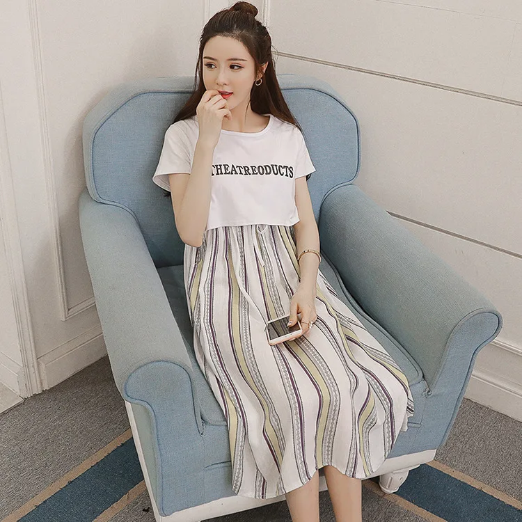 

Maternity Clothes 2019 Summer Korean-style New Style-Nursing Stripes Joint Short Sleeve Feeding Mid-length Pregnant Women Dress