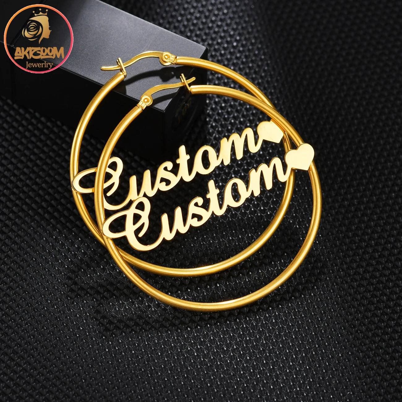 

Akizoom Custom Name Hoop Earrings Personalized Stainless Steel for Women Heart Letter 1 pair Dangler Jewelry Christmas Gift
