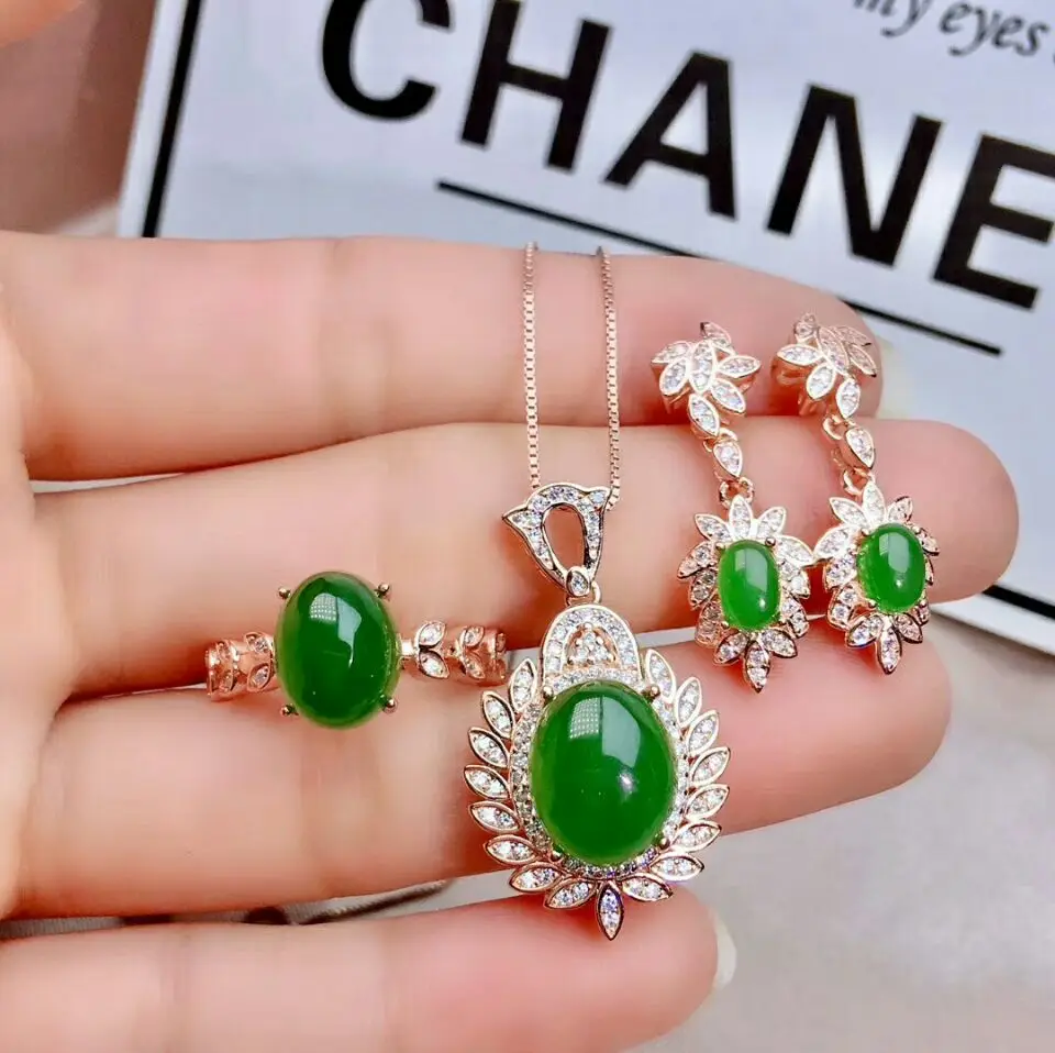 

MeiBaPJ Natural Nephrite Jade Gemstone Flower Jewelry Set 925 Sterling Silver 3 Piece Suit Fine Wedding Jewelry for Women