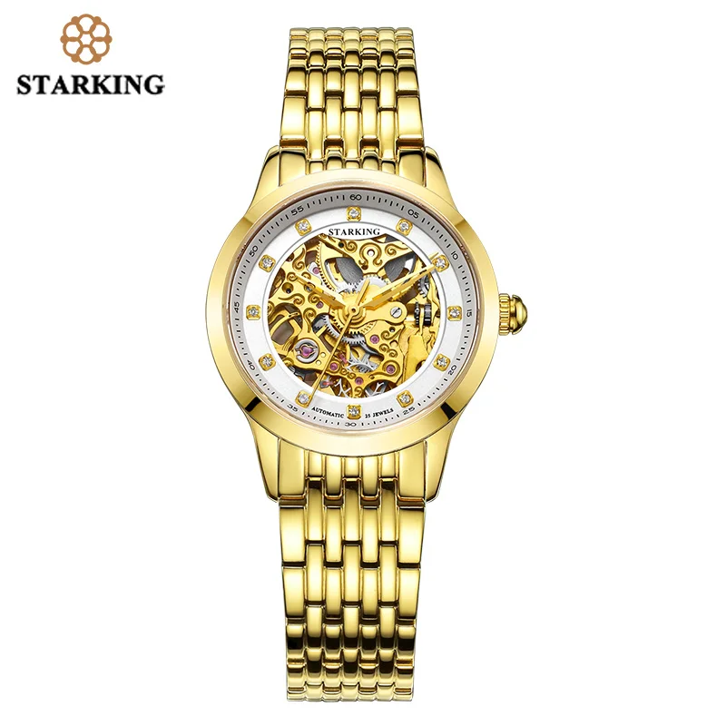 Gold wristwatch STARKING, женские часы, скелет, автоматические механические наручные часы, женский золотой дизайн, женские модные повседневные кожаные часы, Klockor - Цвет: Gold wristwatch