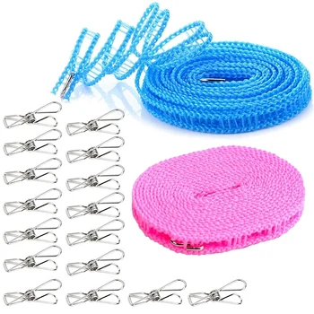 

2 Pack Camping Clothesline with 16 Pcs Metal Clips Drying Rope Portable Windproof Travel for Hotels Clothes Drying Line