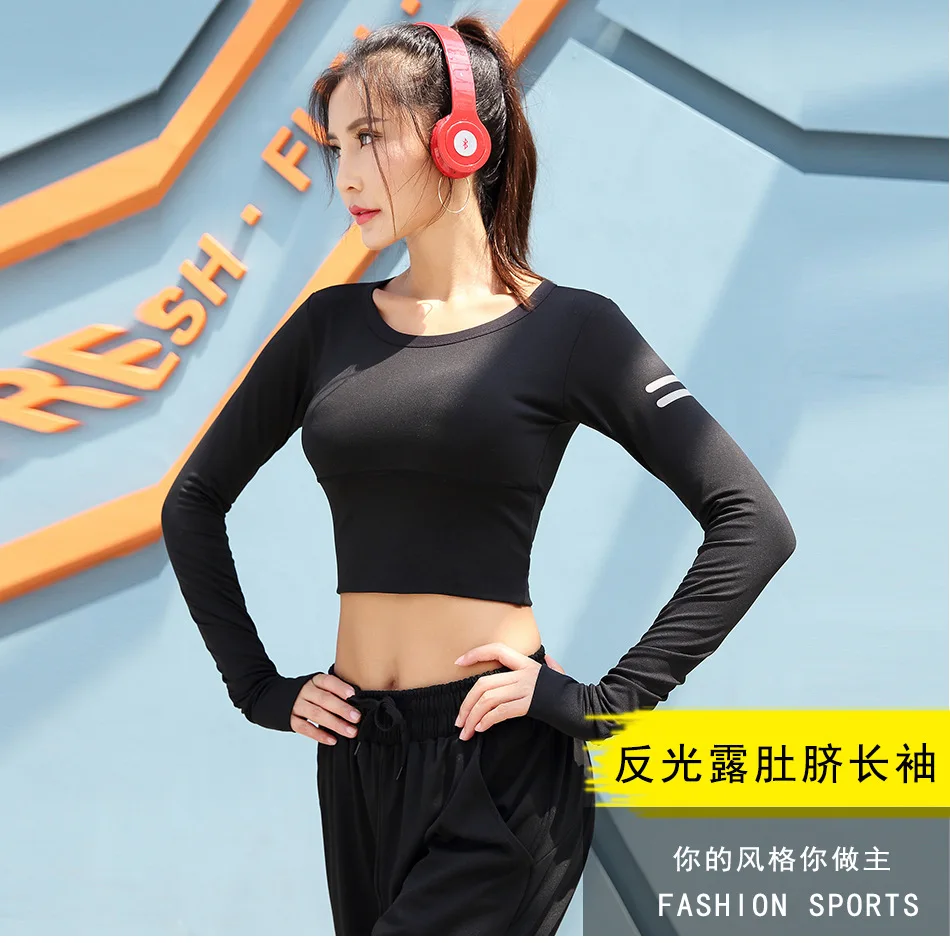 New reflective long sleeve shirt with exposed navel reflective polka dots slim exercise lady fitness jacket