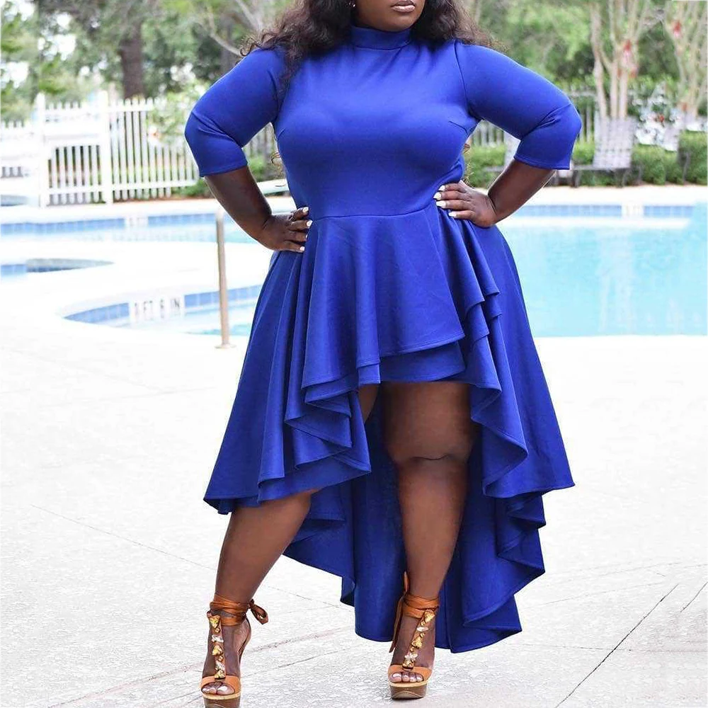 Plus Size Dresses for Women 4xl 5xl 6xl Ladies Autumn Fall Turtleneck Asymmetric Falbala High Low Long Party Dresses Ruffles 5XL