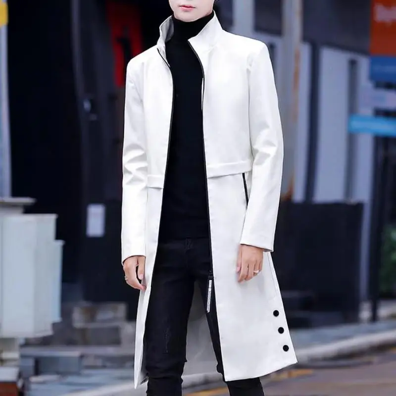 Spring White Long Leather Jackets Mens Leather Trench Coats Stylish Overcoats Stand Collar Steampunk Fashionable Black Slim