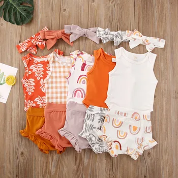

0-24M Newborn Infant Baby Girls Boys Clothes Sets Print Sleeveless Romper Tops+Shorts+Headband 3pcs