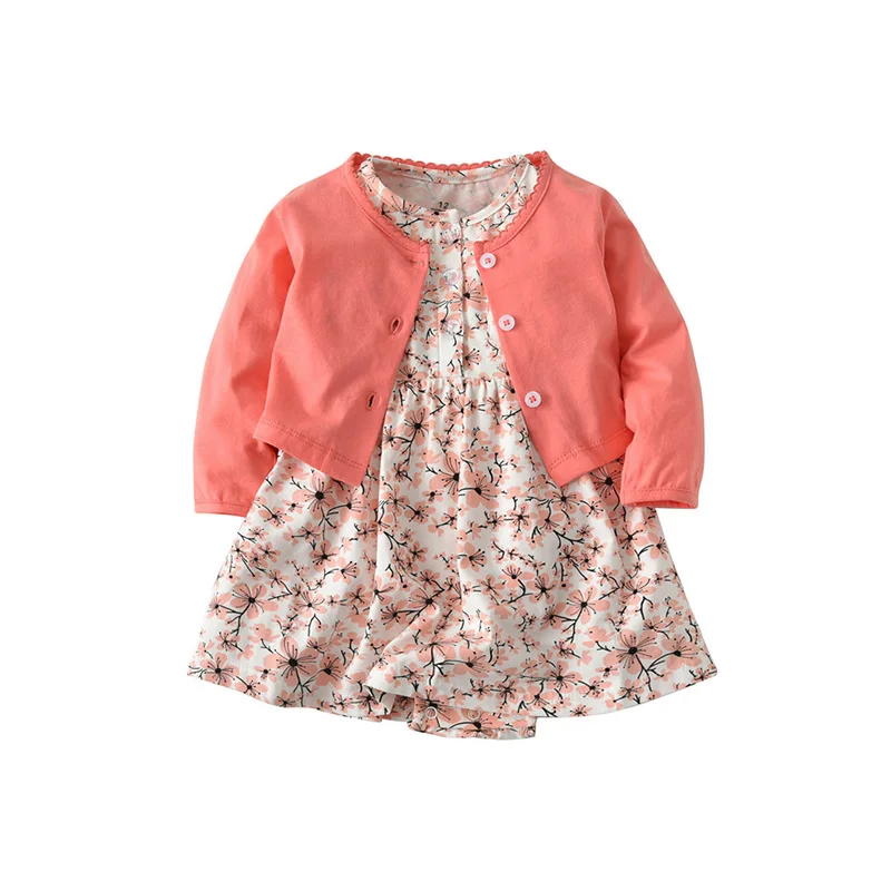 

Two-piece Cotton Fabri Newborn Girl Dress Pure Long Sleeve Cardigan Short Sleeve Dress Girls Clothes Set Outfits