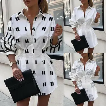

Office Lady OL Swing Button down V neck Long Sleeve Tunic Top Autumn Letter Print Basic Short Mini Shirt Dress