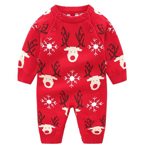 Christmas Toddler Baby Boy Cartoon Elk Jumpsuit Newborn Girl Clothes Long Sleeve Knitted Autumn Winter Warm Jumpsuit Clothes - Цвет: Red