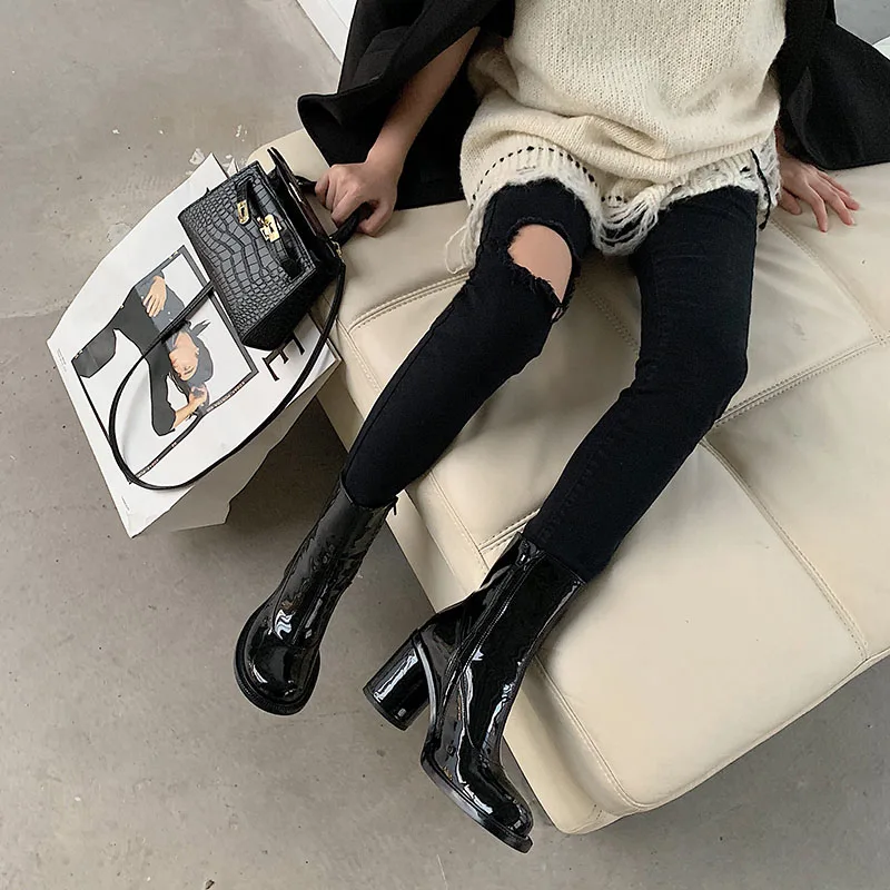 New Winter Patent Leather Round Toe Ankle Boots Woman Round High Heels Short Boots Woman Runaway Knight Boots Woman