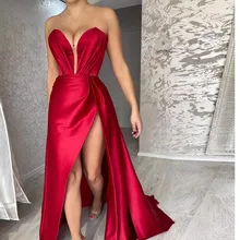

Red Sexy New Evening Dresses Satin Deep V-Neck Sleeveless Off The Shoulder High Split Formal Party Proam Dress Robes De Soirée