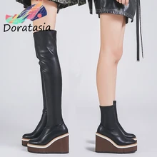 DORATASIA/Новинка; Роскошные брендовые Сапоги выше колена на танкетке; пикантные женские сапоги до бедра из натуральной кожи; женская обувь на платформе