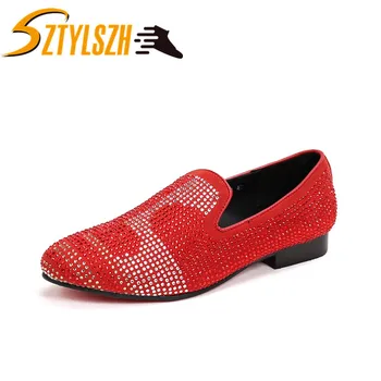

New Men Flats Genuine Leather Shoes Rhinestone Fashion Men Loafer Dress Shoes Men Casual Diamond Pointed Toe Shoe zapatos hombre