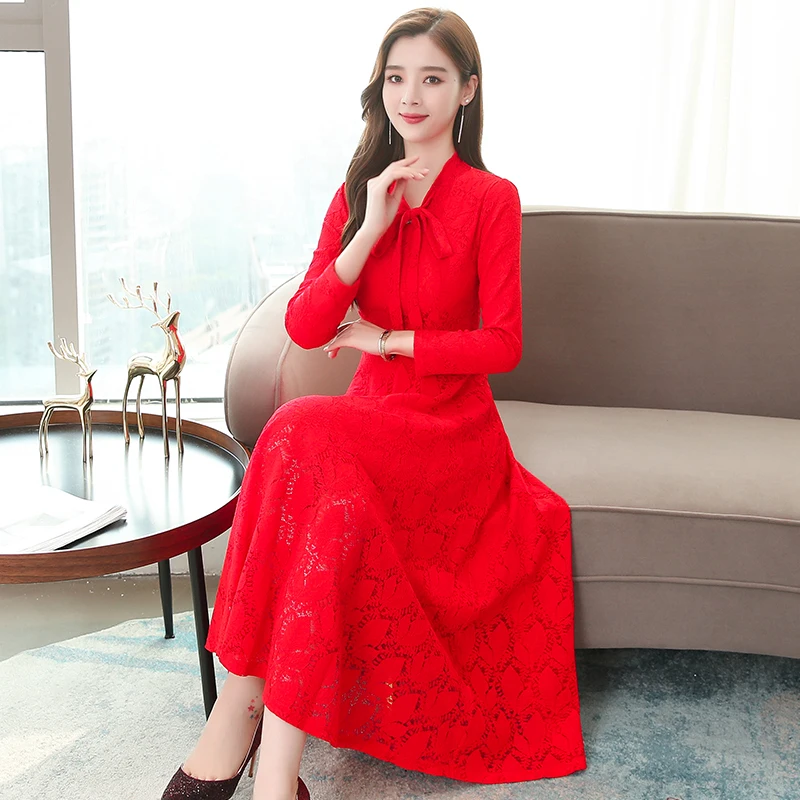 

Slim Long Midi Dress Casual Beach Autumn Fashion Red Sleeve Lace