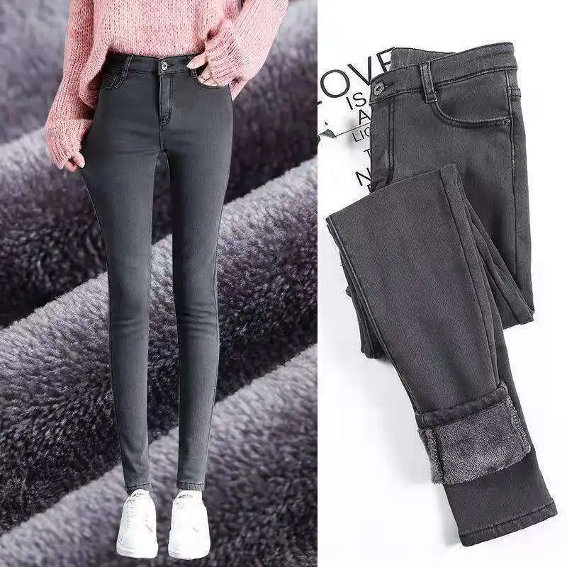 winter thick velvet women jeans high waist skinny jeans simple fleece warm slim fit stretch ladies casual denim pencil pants Ladies Stretch High Waist Winter Plus Velvet Jeans Women Korean Style Slim-fit Feet Pants Stretch Long Pants Mom Jeans