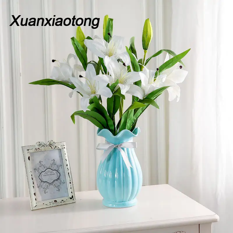 

Xuanxiaotong White Real Touch Lily Flowers Latex 3 head Artificial Flower Bouquets for Home Table Centerpiece Decor Party flores