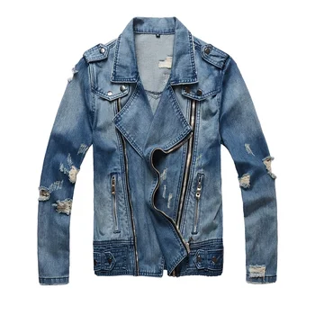 

Fashion Streetwear Men Jacket Retro Blue Zipper Destroyed Ripped Denim Coats Biker Jackets Men Designer Hip Hop Jackets Hombre