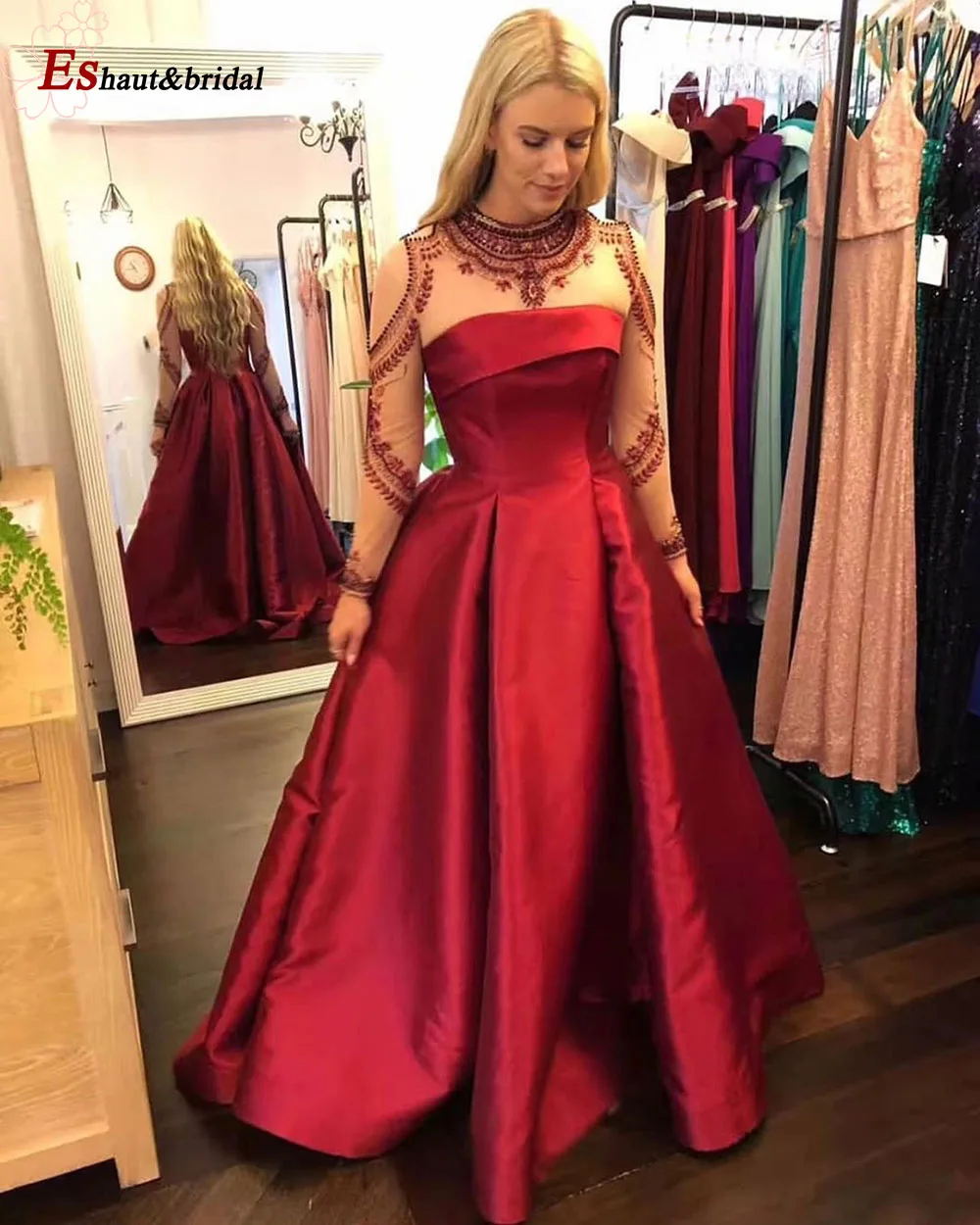 

2019 Crystal Handmade Satin Burgundy Evening Dress Long Sleeves Aline High Neck Formal Party Dresses