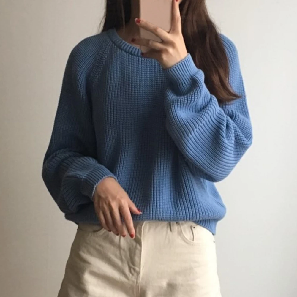 style2 Retro blue Женская зимняя одежда, корейский стиль, белый пуловер, сплошная шикарная короткая кофта, Женский пуловер - Цвет: style2 Retro blue