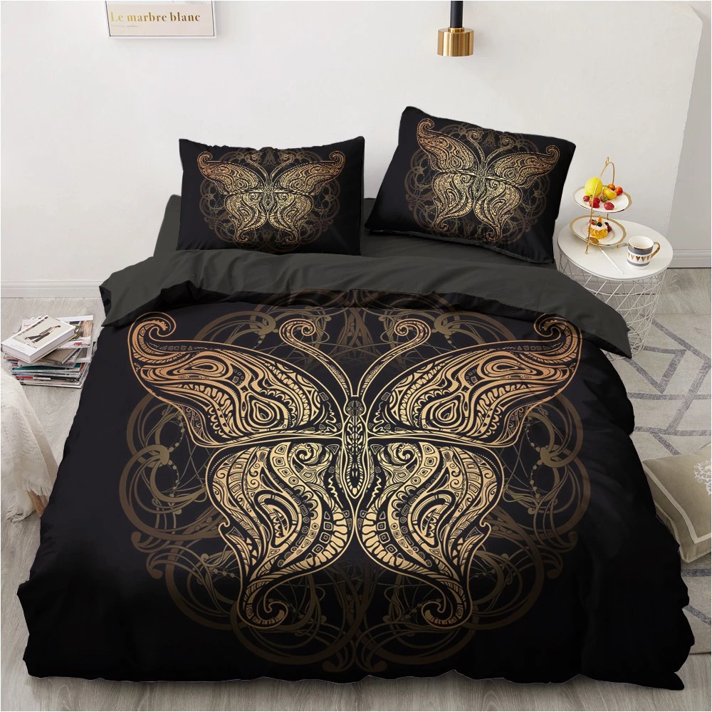 3D Gold Butterfly Bed Custom Design Modern Duvet Cover Sets Pillow Sham  King Queen Super King Twin Size Black Bedding Set