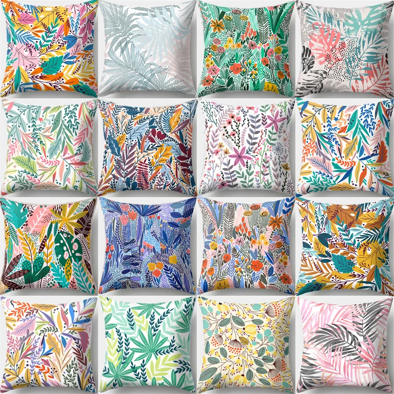 

45x45cm Tropical Plants Pillow Case Rainbow Leaves Cushion Spring Pillow Cover Home Decoration cojines decorativos para sofá