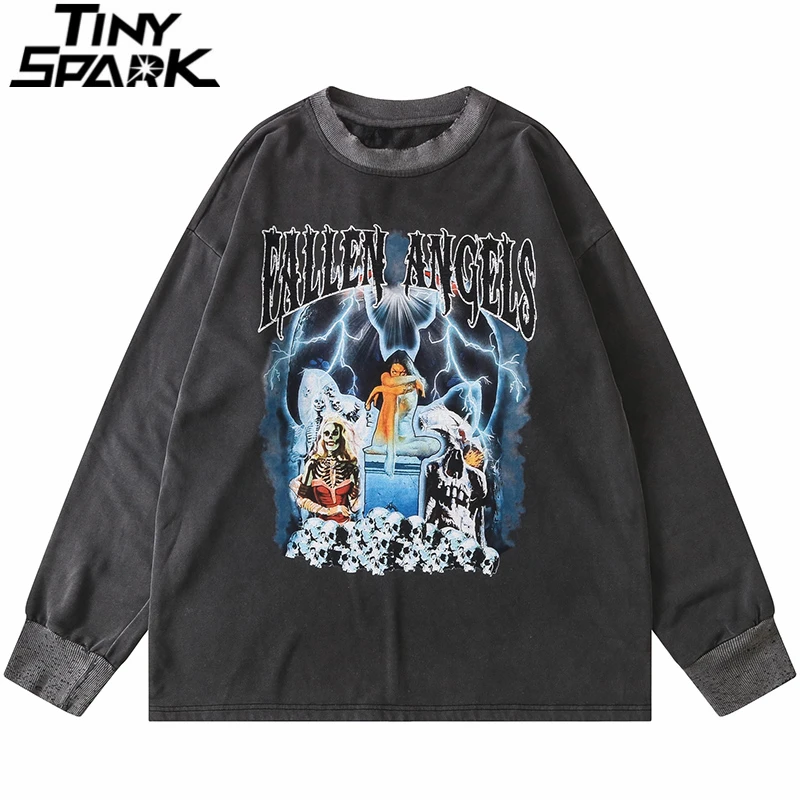 Pullover Sweatshirt Skeleton Men Streetwear Print Loose Cotton Hip-Hop Harajuku Washed
