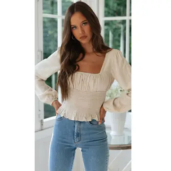 

Fashion Summer Beach Women Slim Long Sleeve T-Shirt Formal Tops pleated Waist Hem Ruffles Square Collar Tops