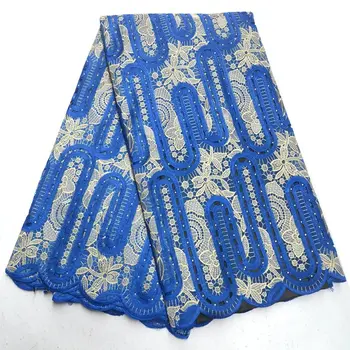 

5 yards Hot selling Blue Gold Handcut African Organza lace Fabric Beautiful french lace with stones mv528