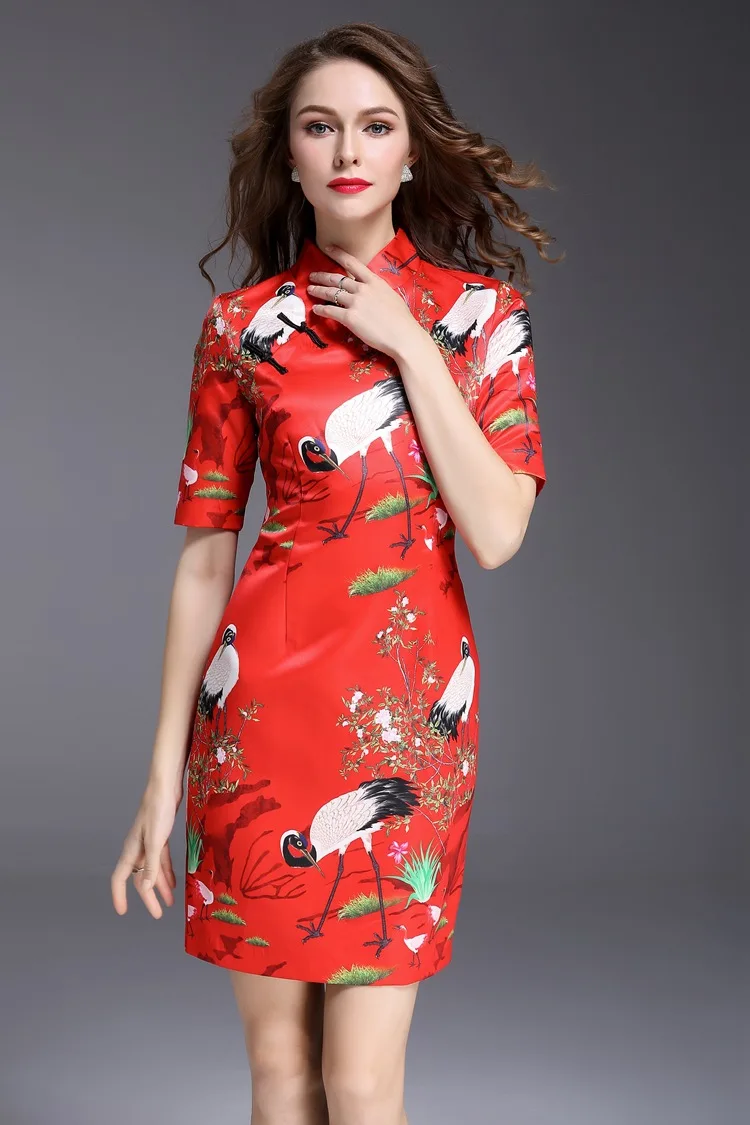 Новинка 2013,, платье в китайском стиле, cheongsam, летняя одежда, вечерние платья с принтом, красное XXL, элегантное тонкое женское платье-карандаш - Цвет: picture color