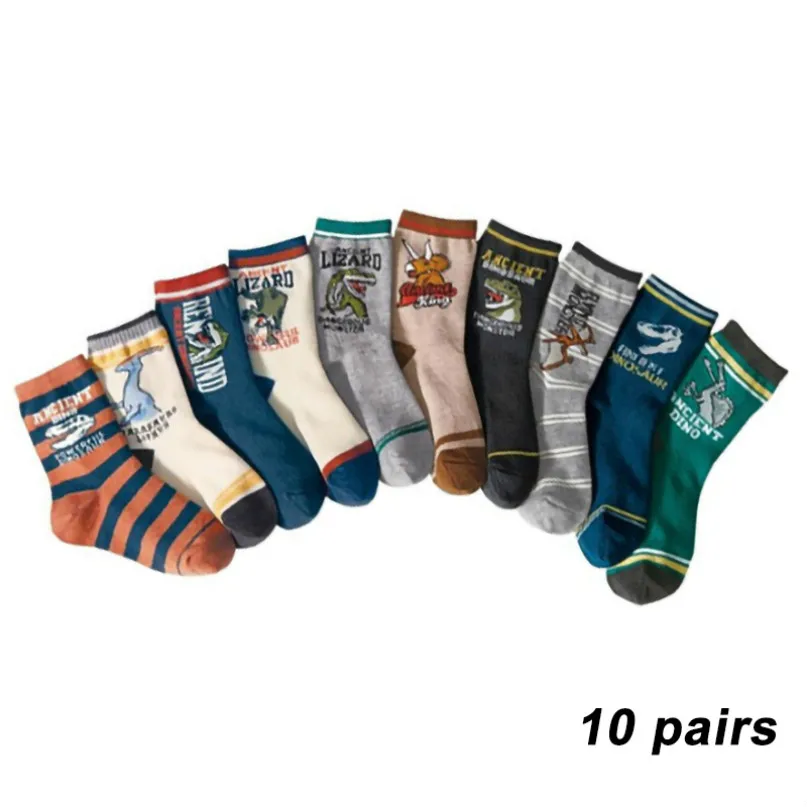 10 pairs E Носки для маленьких мальчиков 10 пар, хлопковые теплые детские носки на осень и зиму с мультипликационным рисунком динозавра, Разноцветные носки для маленьких мальчиков от 4 до 12 лет - Цвет: 10 pairs E