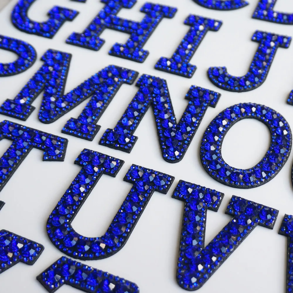 A-Z Royal blue Rhinestone English Letter Alphabet Sew Iron On Patch Badge  3D Handmade Letters Patches Bag Hat Jeans Applique DIY