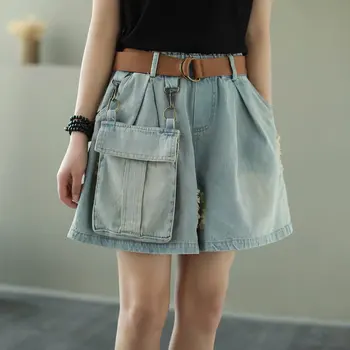 

2020 Denim Shorts Women's Loose Jeans With Pocket Wide Leg Pants Casual Trousers Female