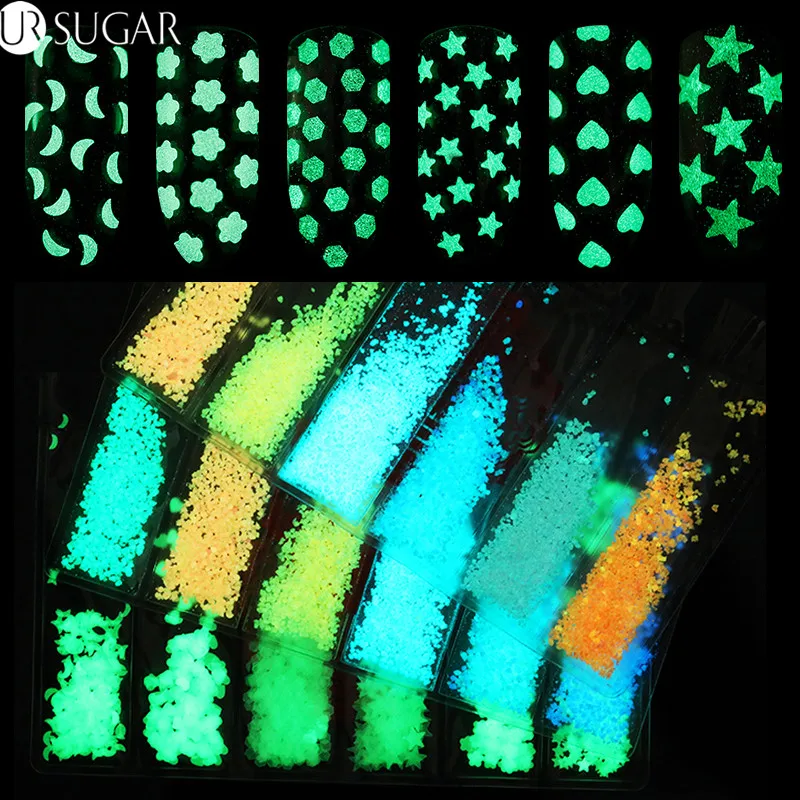 Блестящее покрытие для ногтей блестки Звезды Луна Снежинка флуоресцентный Неон пигмент блестки советы светятся в темноте дизайн ногтей украшения DIY