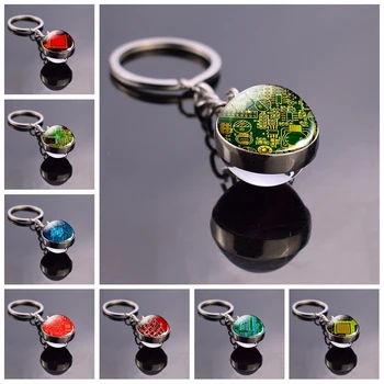 

Circuit Board Picture Glass Ball Keychain Computer Geek Pendant Key Chain Metal Key Ring Nerd Geek Gift