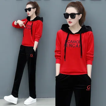 

Female autumn winter gold velvet embroidery fashion female tide 2 Piece set Tracksuit Long Sleeve Hoodie Sweatshirt and Pants