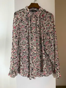 

Women Shirt Spring and summer color matching flower pattern lace stand/ square collar silk shirt