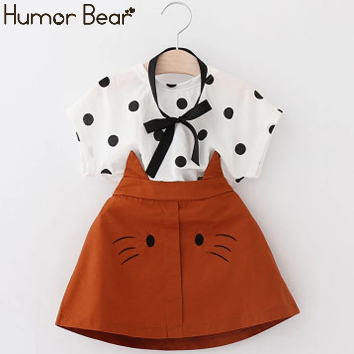 Humor bear/Одежда для девочек г., летние комплекты для маленьких девочек детская одежда Топ в горошек с короткими рукавами+ юбка с кошкой из мультфильма, комплект из 2 предметов, платье для девочек