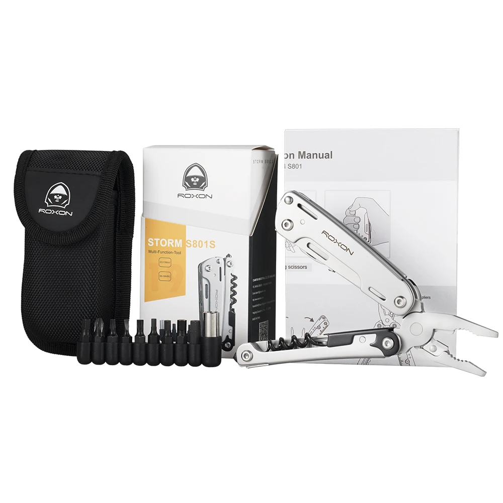 ROXON S801S 16-in-1 멀티툴 플라이어-포켓 나이프, 가위, 와이어 커터, 드라이버, 비트 그룹, EDC 도구, 서바이벌, 캠핑,