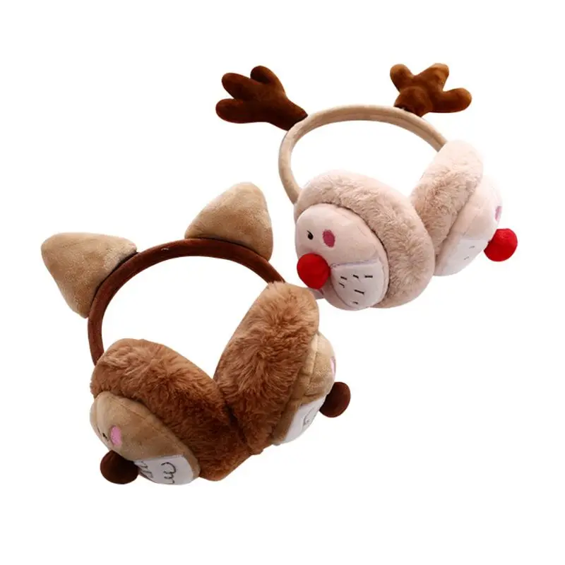 Womena Winter Christmas Plush Earmuffs Cartoon Reindeer Antler Party Ear Warmer