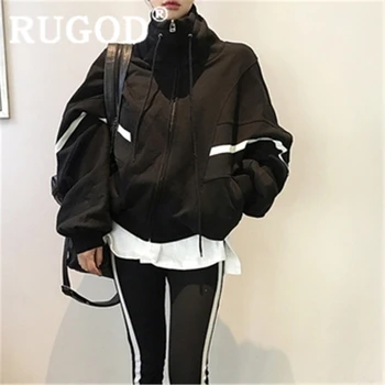 

RUGOD Basic coat for women stand collar batwing sleeve zipper drawstring loose jacket new winter fashion femme modis outerwear