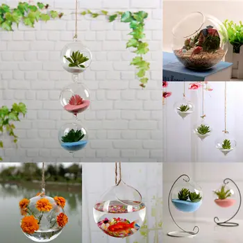 

1Pc Home Garden Clear Glass Vase Flower Plant Hanging Planter Terrarium Party Wedding Decor Bottle Pot Ball Round Vase Container