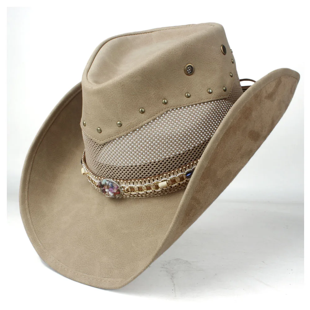 Кожаная женская сетчатая западная ковбойская шляпа Женская широкая шляпа уличная Sombrero Hombre Женская ковбойская шляпа