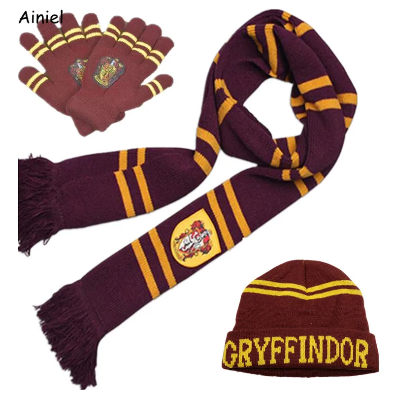 

Hogwarts School Gryffindor Slytherin Ravenclaw Hufflepuff Scarf Caps Gloves Set Beanies Hat Tie For Women Men Adult