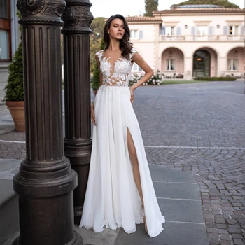 

Charming Boho Wedding Dress Side Slit Robe de Mariage Scoop Cap Sleeves See Through Chiffon Beach Bride Dress