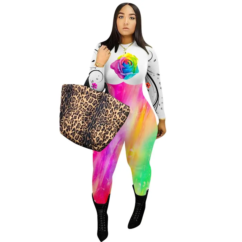Adogirl Women Floral Print Tie-Dye Jumpsuit Romper Long Sleeve Zipper Bodycon Playsuit 2020 Casual Fashion One Piece Bodysuit